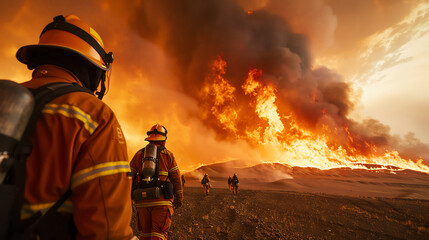 Naklejka premium Wildfire consuming a dry landscape with firefighters in the foreground