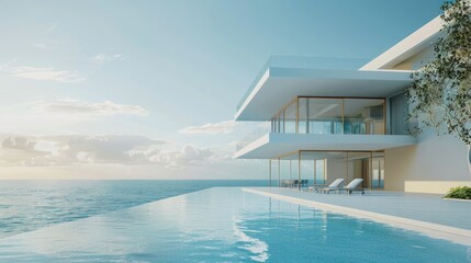 Modern luxury oceanfront villa and swimming pool, private housing, expensive real estate, Ai generated for ads