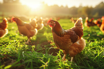 Fototapeta premium A Brown Hen Standing in a Field of Green Grass at Sunset