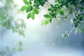 Obraz premium Lush green leaves and delicate blossoms create a serene spring atmosphere.