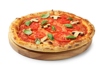 Delicious pizza with tomatoes, mushrooms and basil isolated on white