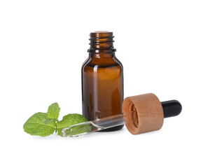 Bottle of essential oil, dropper and mint isolated on white