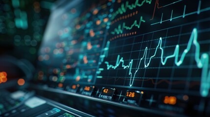 A close-up view of a computer screen displaying a financial chart with a green line.
