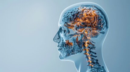 Obraz premium A digital rendering of a human head with a visible brain and spinal cord. The brain is highlighted in warm colors.