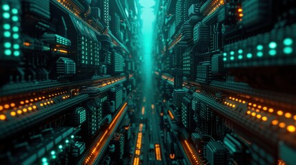 Fototapeta premium A futuristic, abstract tunnel with glowing lights and complex machinery.