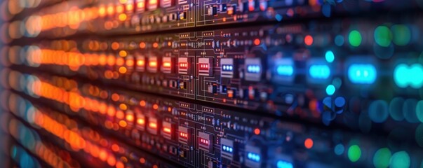 Fototapeta premium Abstract view of server rack with glowing lights.