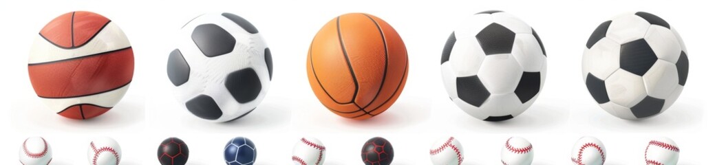 Fototapeta premium Diverse Sports Ball Collection: Soccer, Basketball, Football, Volleyball, Baseball, and Tennis Isolated on White Background. Perfect for Athletic Marketing, Sports Equipment Advertising, Fitness Camp
