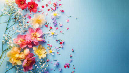 A vibrant mix of fresh flowers and scattered petals on a bright blue background, creating a colorful and lively scene.