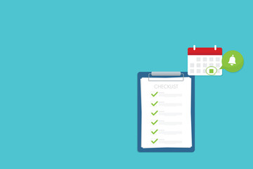 Check list document and calendar , paper check list and to do list with checkboxes, concept of survey, online quiz, completed things or done test, feedback.