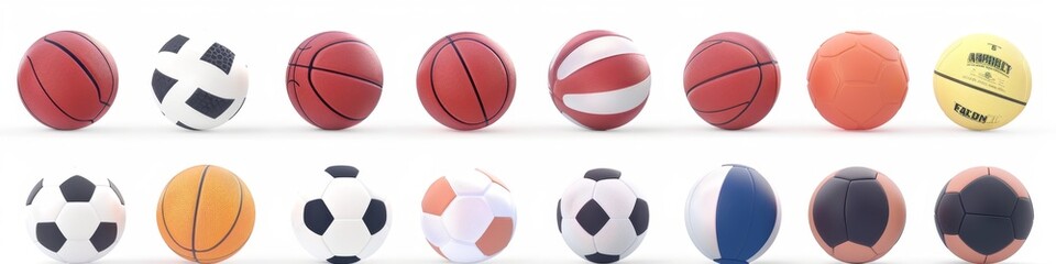 Obraz premium Diverse Sports Ball Collection: Soccer, Basketball, Football, Volleyball, Baseball, and Tennis Isolated on White Background. Perfect for Athletic Marketing, Sports Equipment Advertising, Fitness Camp