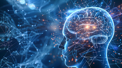 This image depicts a blue-orange themed digital brain network, with glowing yellow dots on a dark blue backdrop, evoking AI concepts.