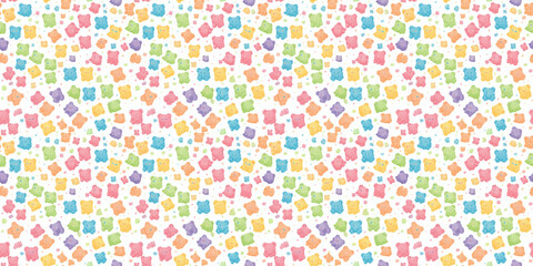 an 8 bit pixel art style pattern background of colorful gummy bears on a white background