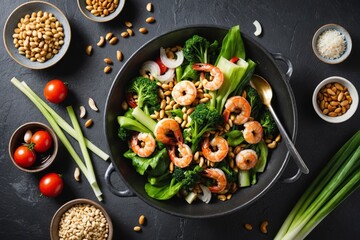 Flying wok ingredients - shrimp, vegetables, pak choi leaves, onions and peanuts. Asian food delivery. Chinese recipes. Wok preparation ingredients. Vertical image.