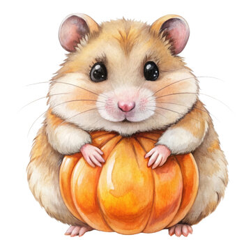 recommend clip art: Watercolor clipart Halloween hamster, adorable and bright, holding a pumpkin, transparent background