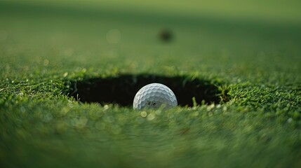 Golf ball in the hole on a green golf course. Close-up, successful putt, sports equipment, outdoor activity, golfing, scoring. Generative by AI