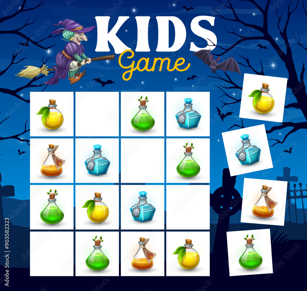 Aufkleber Halloween kids sudoku game with flying witch and potion bottles. Kids intelligence riddle, logic game vector worksheet with bat, flying on broom witch characters, magic potions and cemetery background