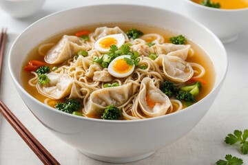 Homemade fresh wonton soup with egg and noodles. Chinese cuisine. Served in a white round bowl, with chopsticks.Light and airy, white background. FRont angle view.