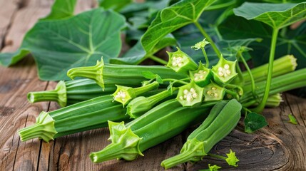 Obraz premium Green okra with green leaves