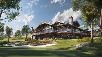 Golf course with a clubhouse surrounded by trees and a pond in a serene setting. Scenic landscape, outdoor sport, golfing environment, peaceful nature. Generative by AI