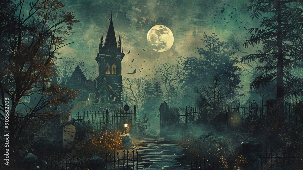 Wall mural halloween landscape. haunted house, jack-o-lantern, spooky mood. childrens book illustration or hall