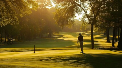 Golfer walking on a green golf course in the early morning. Sunlight filtering through trees, creating a misty atmosphere near a stream. Generative by AI