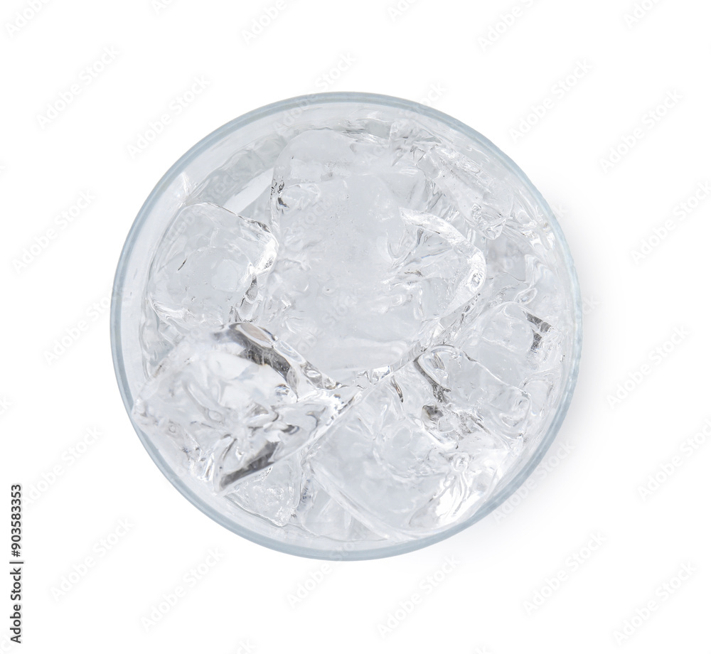 Wall mural refreshing water with ice cubes in glass isolated on white, top view