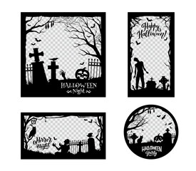 Halloween social media post frame template for holiday horror night, vector silhouette borders. Halloween zombie hand and spooky pumpkin, tombstone and raven on cemetery for horror night media post