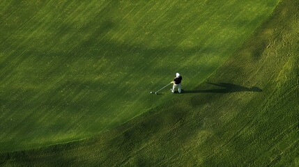 Fototapeta premium Golfer swinging on a green golf course surrounded by trees under a bright blue sky with clouds. Focus on the golfer and the landscape. Generative by AI