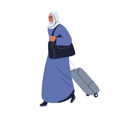 Arab woman refugee walking with suitcase, luggage. Sad upset character, Muslim immigrant in hijab. Asylum seeker, migrant going with baggage. Flat vector illustration isolated on white background