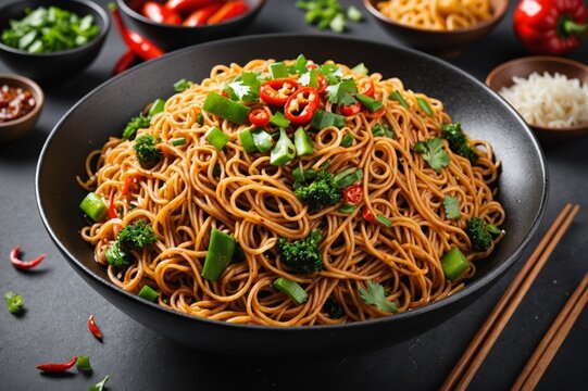 Chilli Garlic Hakka Noodles in black bowl isolated on white background. Indo-Chinese vegetarian cuisine dish. Indian veg noodles with vegetables. Classic Asian meal