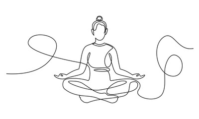 Yoga in one continuous line drawing. One line poster. Outline Yoga Lotus Pose. For interior design and presentations. Vector illustration.