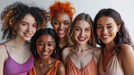 Fototapeta premium Group portrait of five women with different skin tones smiling against a white background.