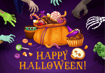 Halloween sweets bucket with candies and monster hands. Vector menacing banner with clawed arms, eagerly reach towards a bag with desserts, grasping a tempting sweets for a spooky and delightful treat © Vector Tradition
