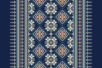 Geometric ethnic pattern on navy blue background vector illustration.floral pixel art embroidery.design for texture,fabric,clothing,decoration,print.