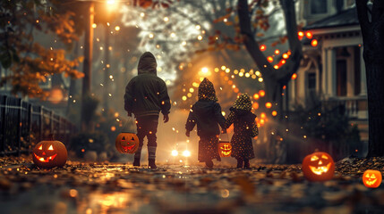 Obraz premium Trick or treat? Halloween evening in small town or suburbs. Children trick or traeting, bokeh lights in the background. Happy mood