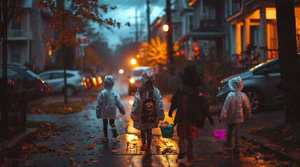 Trick or treat? Halloween evening in small town or suburbs. Children trick or traeting, bokeh lights in the background. Happy mood