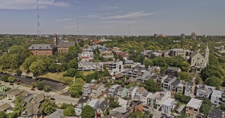 Cincinnati Ohio Aerial v79 low drone flyover and around Mt Adams neighborhood capturing charming residential area and downtown cityscape at daytime - Shot with Mavic 3 Pro Cine - September 2023
