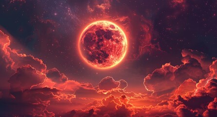 Blood Moon Over Crimson Clouds