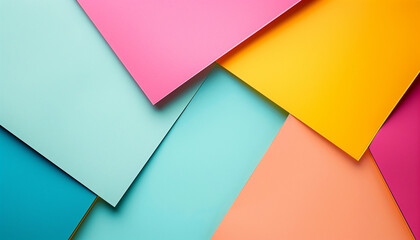 Vibrant abstract background featuring overlapping geometric shapes in bright colors like pink, yellow, blue, and orange.