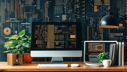 Computer technology abstract backgrounds with a dominant blue backgrounds