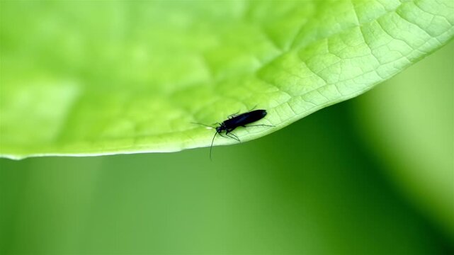 Black rolled-winged stonefly walk slowly to left along lower edge of green leaf, with camera following it. Vibrant microcosm of insect life momentarily still, highlighting stonefly&rsquo;s solitary journey