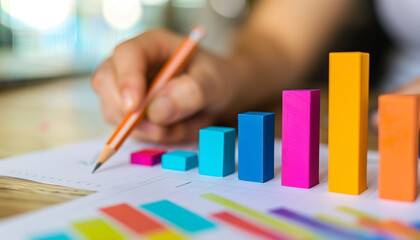 Close-up of a hand holding a pencil next to a colorful bar chart illustrating statistical data analysis.