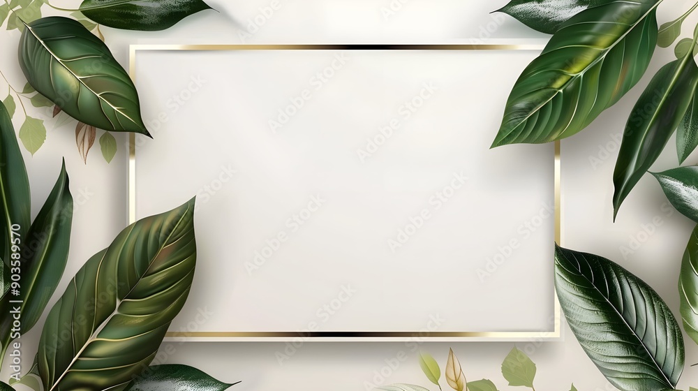 Poster wedding invitation card template luxury design with gold frame and nature leaf