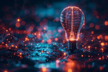 Futuristic light bulb with neural connections set in a dark starry background illustrating the intersection of science technology and creativity in a mesmerizing visual