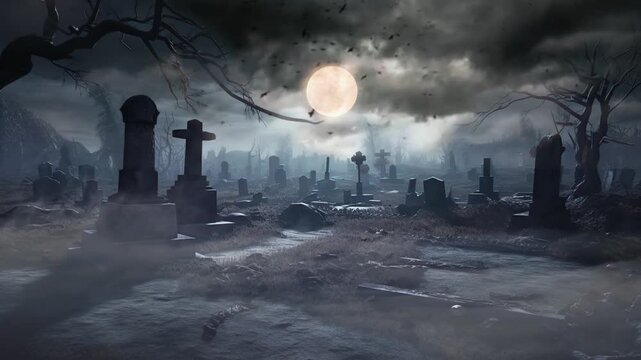 spooky graveyard in halloween night with pumpkin and bats