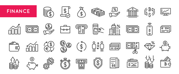 Finance Icons. A collection of 20 streamlined and modern icons representing key concepts in finance and investment. Examples include Profit Growth, Interest Rate, Bank Building. Vector illustration