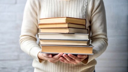 Person carrying stack of books, casual wear, striped sweater, white background, pastel colors, perfect for educational websites and book club ads.