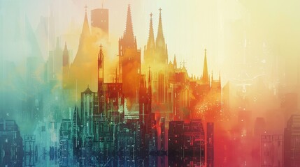 Fototapeta premium A captivating image of a city skyline bathed in warm sunrise hues, with vibrant colors and fog creating a dreamlike atmosphere. The scene symbolizes hope, progress, and the promise of a new day.