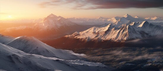 view of mountains covered in winter snow at morning sunrise