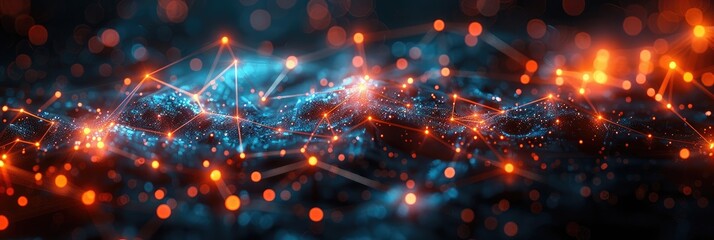 Obraz premium Abstract network of glowing blue and orange lights, representing futuristic technology, connections, and data transfer.
